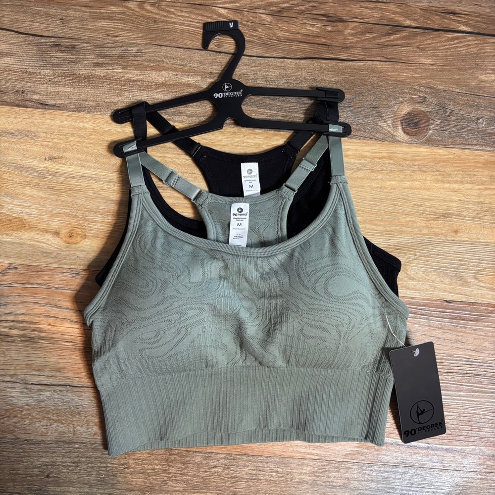 90 Degree by Reflex Seamless Bra 2PK Agave Green and Black Sports Bra Medium